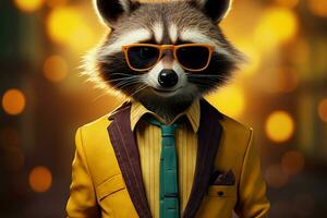 Cartoon raccoon exudes vintage charm with suit, tie, and glasses AI Generated photo