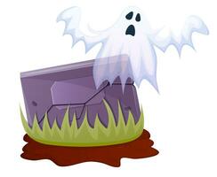 Halloween ghost flying over grave with old tombstone vector