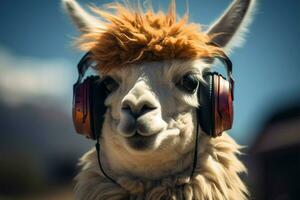 Llama with glasses enjoys music, exuding a stylish and intellectual vibe AI Generated photo