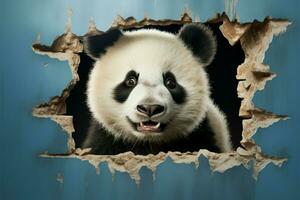 Cute panda peeks through a torn wall, framing empty space AI Generated photo