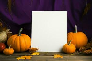 calabazas junto a un blanco papel Perfecto para tu otoño mensajería ai generado foto