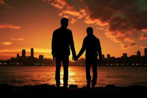 en un playa ciudades atardecer, gay de los hombres siluetas sostener manos, celebrando ai generado foto