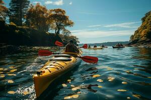 mar ligado kayaks en grupo, visto desde detrás, deslizamiento mediante el aguas ai generado foto