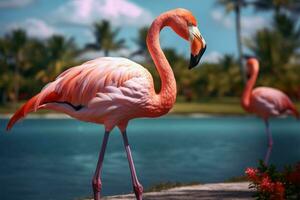 A pink flamingo with long neck strolls in exotic palms AI Generated photo