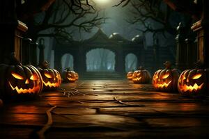 Under the full moon, carved pumpkins illuminate a rustic wooden floor AI Generated photo