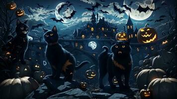 Spectacular 3D Halloween Composition, Pumpkin, Ghostly Moon, Black Cat, Candy Delight - Abstract Spooky Artistry. AI Generated photo