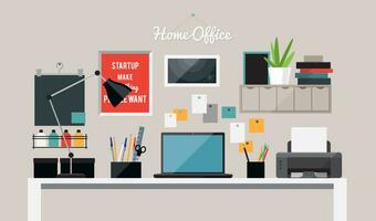 Flat home office interior illustration with desktop photo