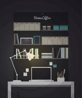 Flat home office interior illustration with desktop photo