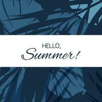 Blue indigo summer tropical hawaiian background with palm tree leaves and exotic flowers photo