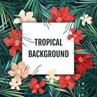 Summer tropical hawaiian background with palm tree leaves and exotic flowers photo