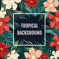 Summer tropical hawaiian background with palm tree leaves and exotic flowers photo