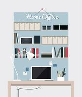 Flat home office interior illustration with desktop photo