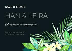 Wedding invitation or card design with exotic tropical flowers and leaves photo