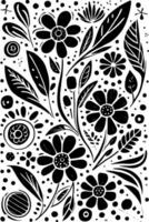 Abstract Black And White Monochromatic Hand-drawn Flowers Texture Pattern Doodle Vector Illustration