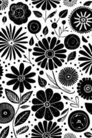 Abstract Black And White Monochromatic Hand-drawn Flowers Texture Pattern Doodle Vector Illustration