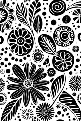 Abstract Black And White Monochromatic Hand-drawn Flowers Texture Pattern Doodle Vector Illustration