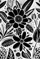 Abstract Black And White Monochromatic Hand-drawn Flowers Texture Pattern Doodle Vector Illustration