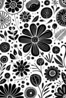 Abstract Black And White Monochromatic Hand-drawn Flowers Texture Pattern Doodle Vector Illustration