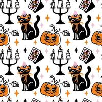 Magic cat in a witch hat. Halloween character. Childish print. Seamless pattern. Vector. vector