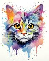 acuarela pintura vistoso gato cara es mostrado blanco antecedentes foto