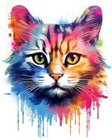 Watercolor painting Colorful Cat Face is shown White Background photo