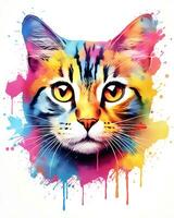 Watercolor painting Colorful Cat Face is shown White Background photo