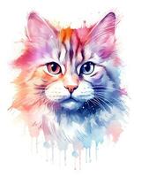 Watercolor painting Colorful Cat Face is shown White Background photo