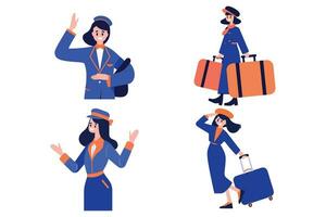 Hand Drawn Flight attendant with suitcase in flat style vector