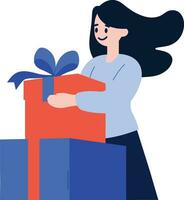 Hand Drawn female character with gift box in flat style vector