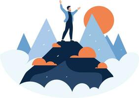 Hand Drawn Businessman standing on top of the mountain of success in flat style vector