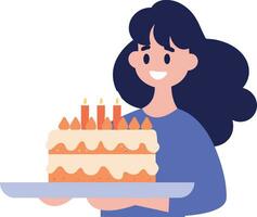 mano dibujado hembra personaje con cumpleaños pastel en plano estilo vector