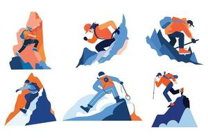 Hand Drawn Adventurous tourists climb mountains in flat style vector