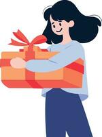 Hand Drawn female character with gift box in flat style vector