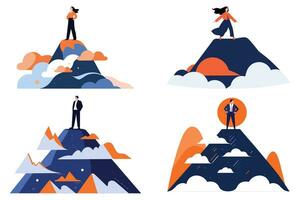 Hand Drawn Businessman standing on top of the mountain of success in flat style vector