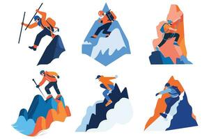 Hand Drawn Adventurous tourists climb mountains in flat style vector