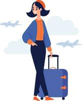 Hand Drawn Flight attendant with suitcase in flat style vector