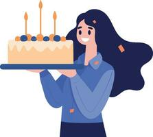 mano dibujado hembra personaje con cumpleaños pastel en plano estilo vector