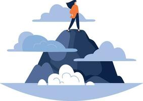 Hand Drawn Businessman standing on top of the mountain of success in flat style vector