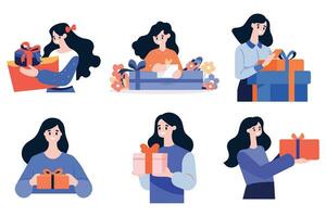 Hand Drawn female character with gift box in flat style vector