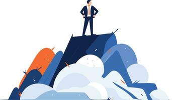 Hand Drawn Businessman standing on top of the mountain of success in flat style vector