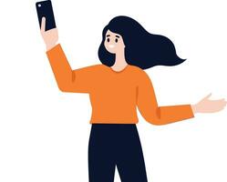 Hand Drawn Female character holding a tablet or smartphone in flat style vector