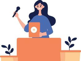 Hand Drawn Business woman speaking on the podium in flat style vector
