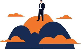 Hand Drawn Businessman standing on top of the mountain of success in flat style vector