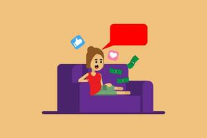 a woman sitting on a couch with money and a speech bubble vector