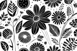 Abstract Black And White Monochromatic Hand-drawn Flowers Texture Pattern Doodle Vector Illustration