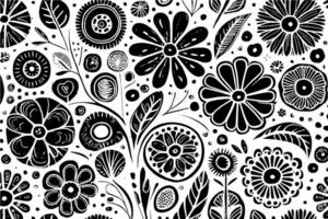 Abstract Black And White Monochromatic Hand-drawn Flowers Texture Pattern Doodle Vector Illustration