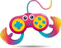 Retro 90s game joystick gamepad console hand vector fun colorful cartoon mascot