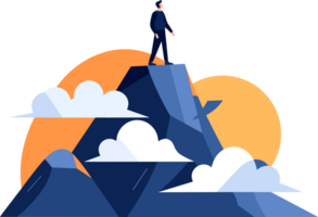 Hand Drawn Businessman standing on top of the mountain of success in flat style png