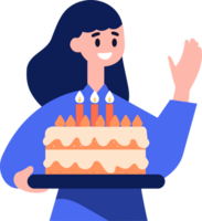 mão desenhado fêmea personagem com aniversário bolo dentro plano estilo png