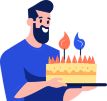 mano dibujado masculino personaje con cumpleaños pastel en plano estilo png